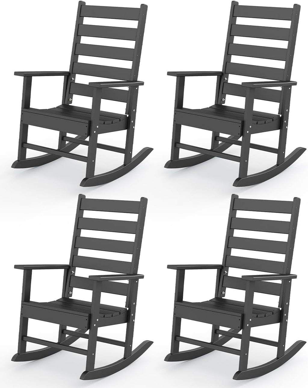 GREENVINES Outdoor-Rocking-Chairs-Set-of-4 | HDPE Plastic | Patio Rockers | Porch Rocker Chair | Shaker | Oversized | High Ladder Back | Big & Tall | PentaLuxe | Black