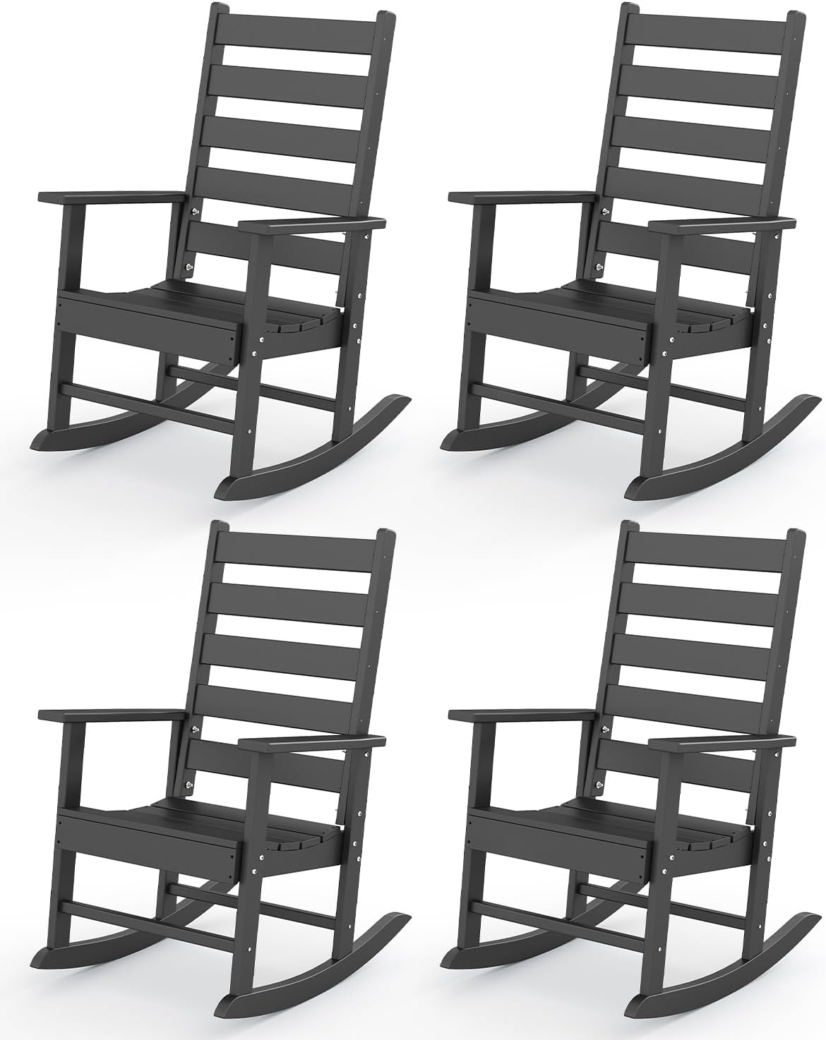 GREENVINES Outdoor-Rocking-Chairs-Set-of-4 | HDPE Plastic | Patio Rockers | Porch Rocker Chair | Shaker | Oversized | High Ladder Back | Big & Tall | PentaLuxe | Black