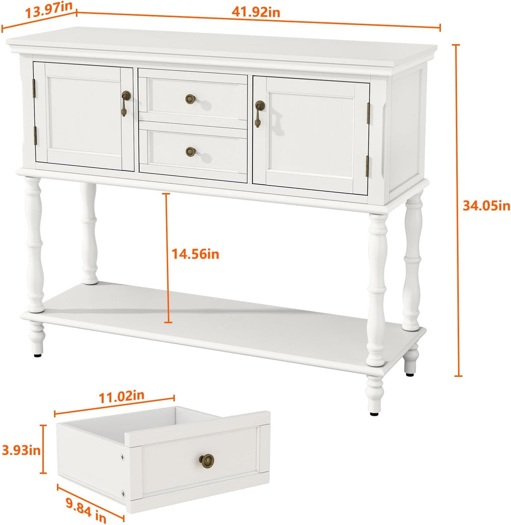 ARTPOWER Console Table with 2 Drawers, Retro Entryway Table with 2 Door Cabinets and Open Storage Shelf, Narrow Long Behind Couch Sofa Table for Living Room, Foyer, Hallway, White