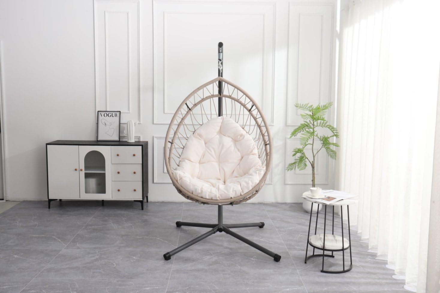 Outdoor Egg-Shaped Hanging Chairs with Stand, 350LBS Capacity Hammock Swing Chair for Patio Garden Balcony Bedroom, Foldable Rocking Chair with Removable Cushion(Beige Gray+White)