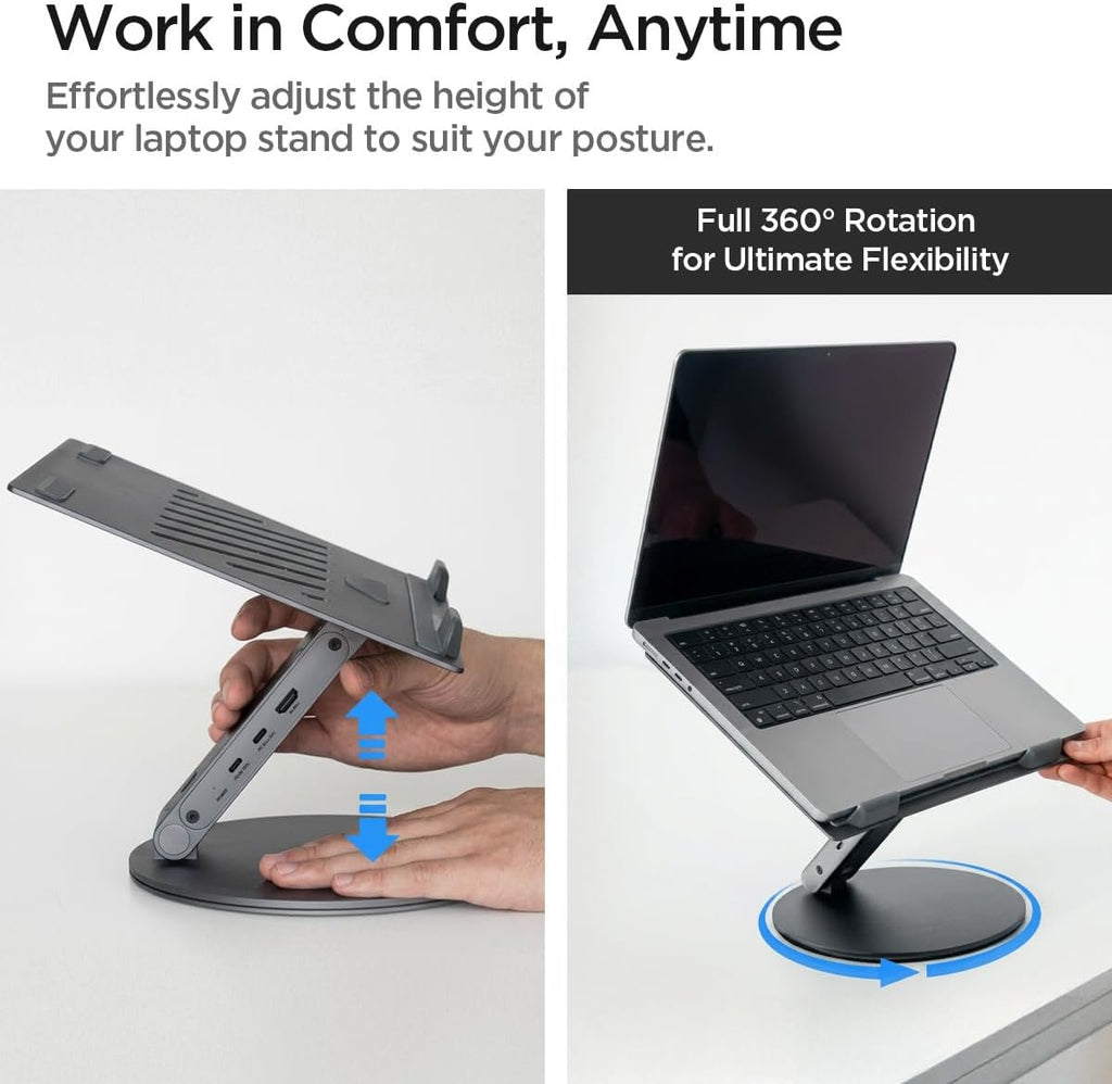 Spigen ArcDock Laptop Stand with 6 in 1 Hub USB-A 3.0, USB-C 3.0, PD 100W, 4K 60Hz HDMI Universal Adjustable Folding Laptop Dock with 360 Rotating Base - Space Grey
