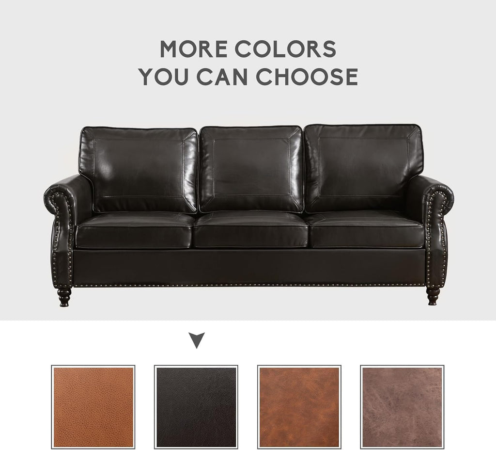 Kingfun Mid-Century Modern Couch, Faux Leather Sofa, 3 Seater Couch for Living Room with Rolled arms & Nailhead Trim, Black