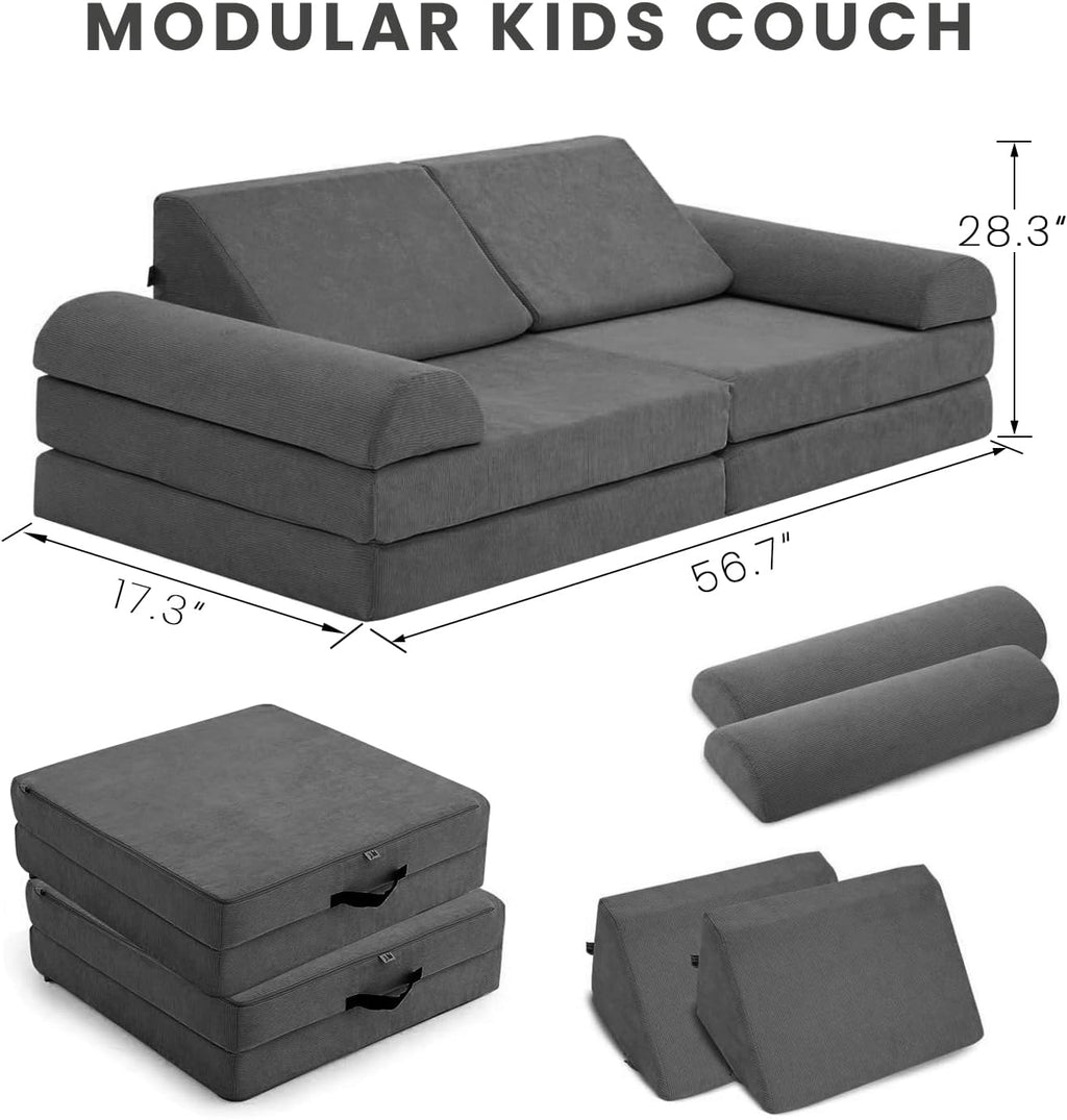 jela Kids Couch Safety Certified Play Couch Soft Kids Sofa with Machine Washable Cover Thick Foam Fort Building Set for Playroom Indoor 57x28x18 Inch (Corduroy, Darkgrey)