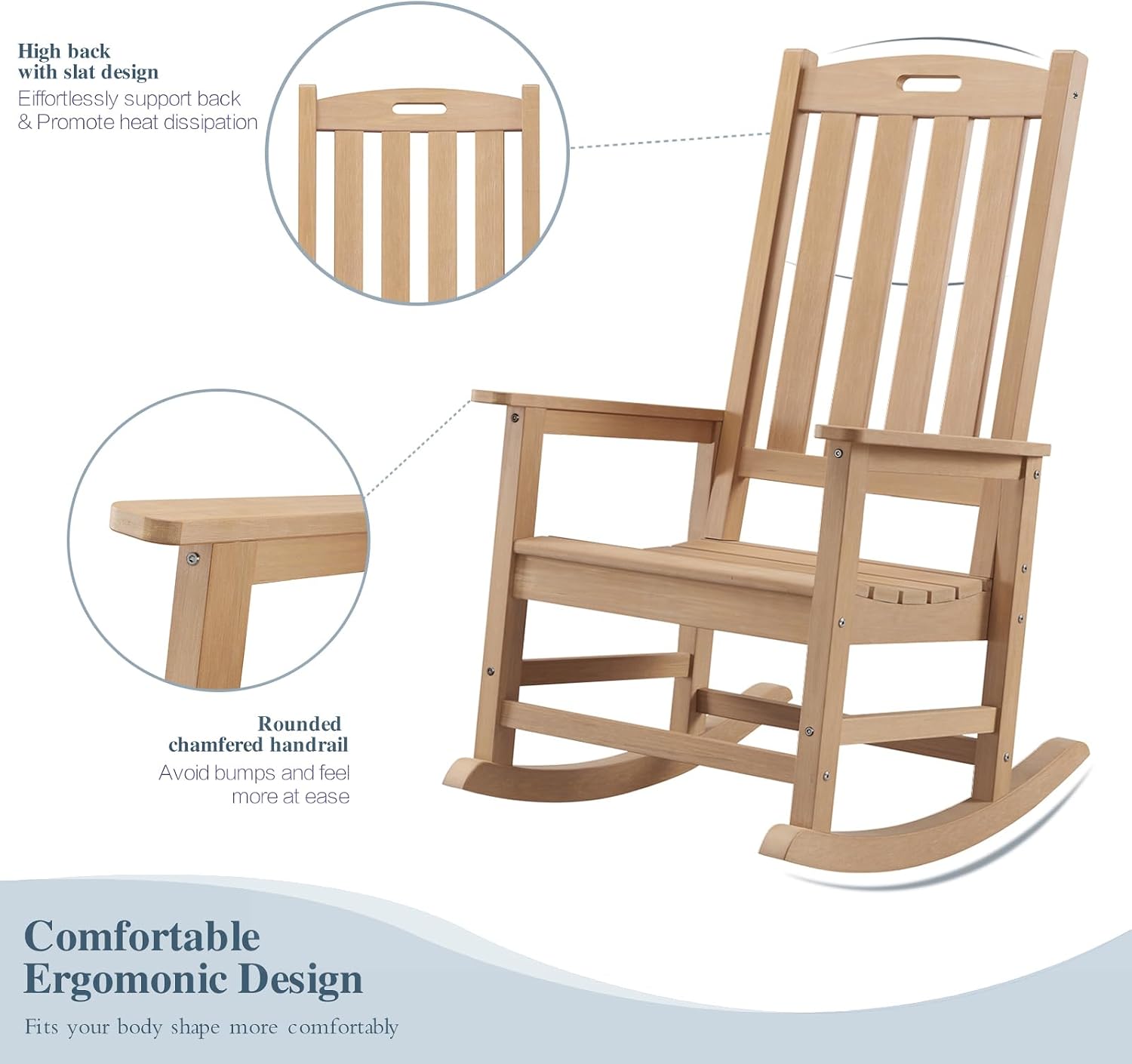 Psilvam Oversized Outdoor Rocking Chair Set of 2, Porch Rocker with 21' Wide Seat and 32' Tall Backrest, Pre-Assembled with Most Components for Effortless Installation (Teak Color)