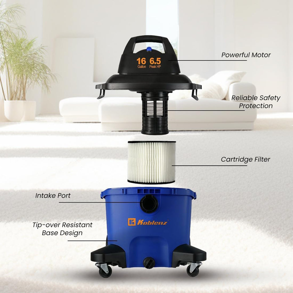 Koblenz WD-16 L4 Wet Dry Vacuum Cleaner, 16 Gallon Wet Dry Vac, 6.5 PHP, 3-in-1 Suction & Blower, Click-N-Lock Hose, Drain Plug, Big Vacuum Cleaner for Carpet & Floors, Swivel Casters, Black/Blue