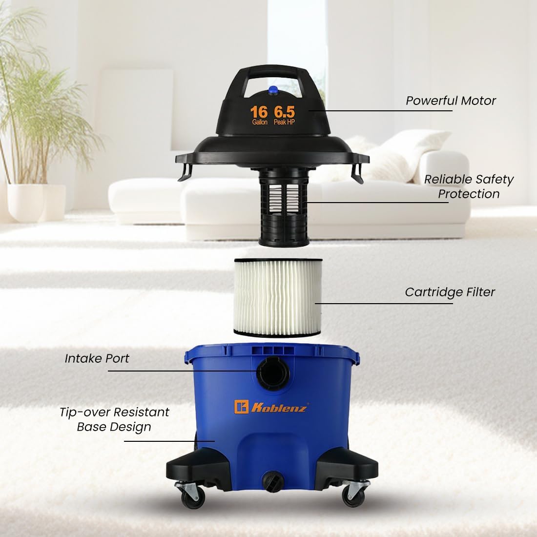 Koblenz WD-16 L4 Wet Dry Vacuum Cleaner, 16 Gallon Wet Dry Vac, 6.5 PHP, 3-in-1 Suction & Blower, Click-N-Lock Hose, Drain Plug, Big Vacuum Cleaner for Carpet & Floors, Swivel Casters, Black/Blue