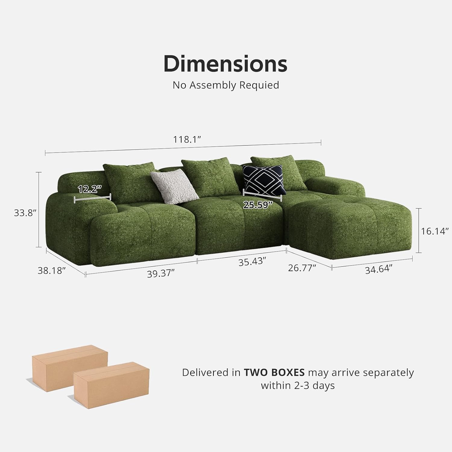 118'' Modern L-Shaped Modular Sectional Sofa for Living Room，Oversized 3-Seater Couch with Deep Seat and Movable Ottoman – No Assembly,Comfortable Chenille Fabric Boneless Sofa (Dark Green)