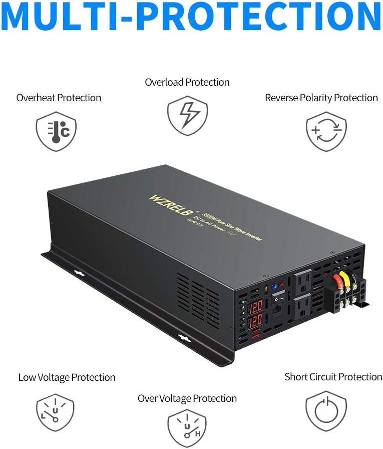 WZRELB 3500W 12VDC 120VAC Pure Sine Wave Power Inverter, 2 AC Outlets, Wired Remote Control, RV (RBP-350012WR)