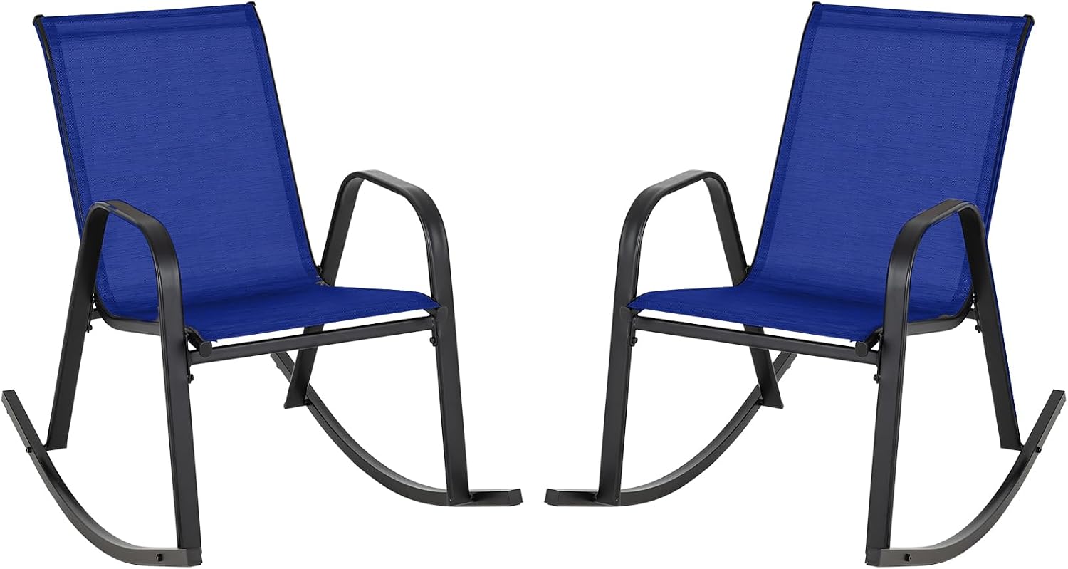 Giantex Outdoor Rocking Chairs Set of 2, Patio Rocking Chairs w/Breathable Seat & Back, Heavy-Duty Metal Support, Ergonomic Outside Rocker for Backyard, Poolside, Garden, Navy
