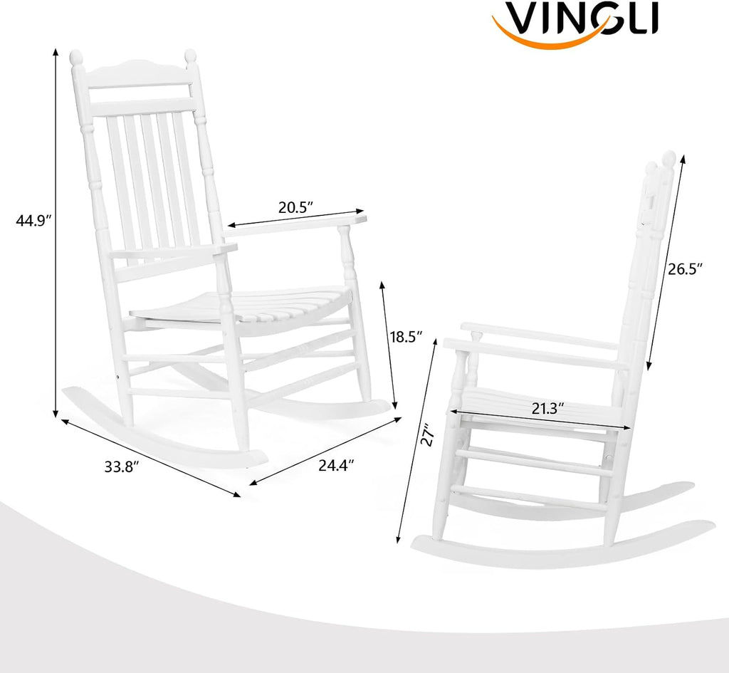VINGLI Wooden Rocking Chair Outdoor Set of 2, Patio Rockers with High Back, Support 450 LBS Rocking Chairs, for Porch, Patio, Balcony, Garden, Yard (White, 2 PCS)