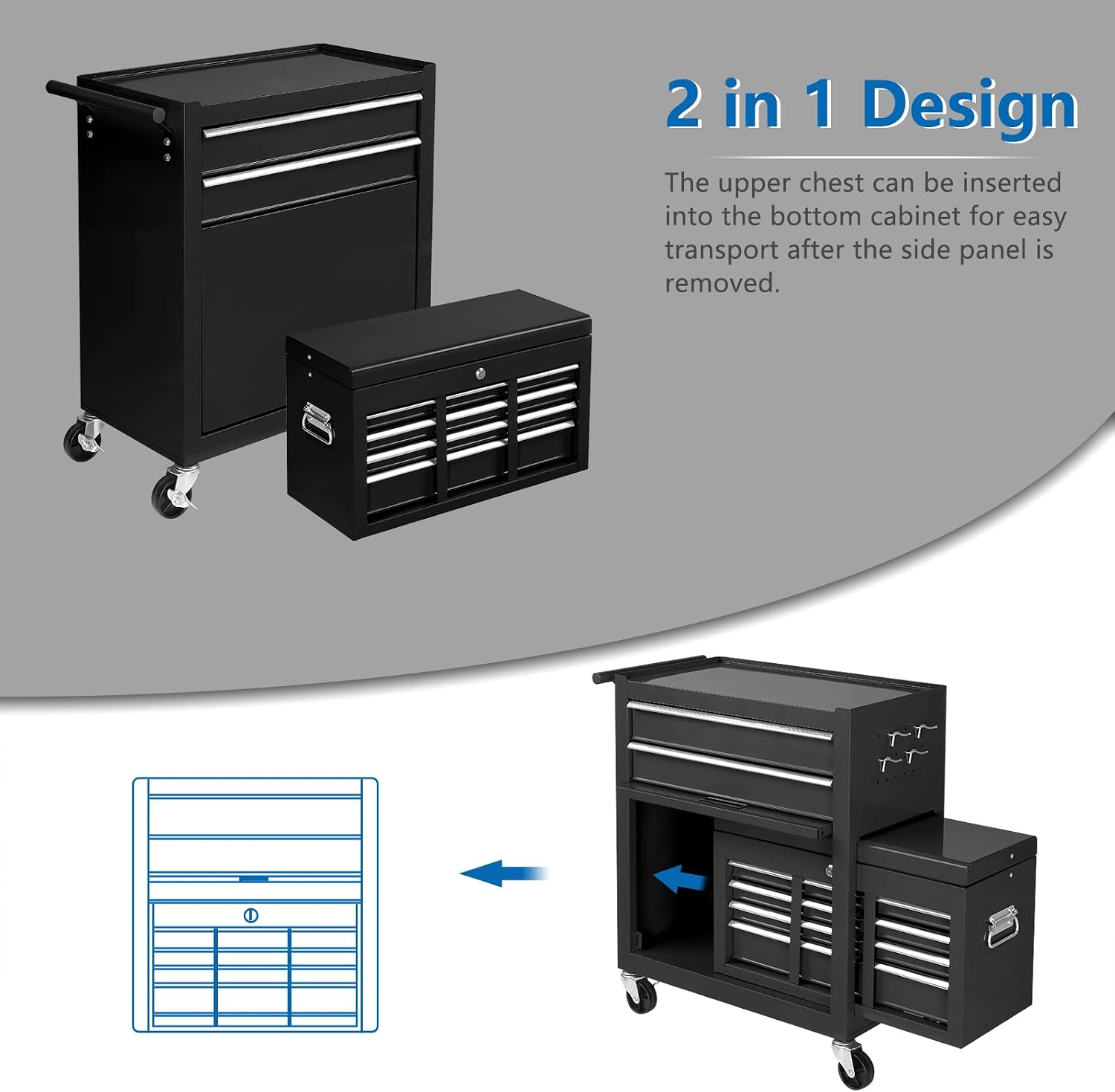TUFFIOM 8-Drawer Rolling Tool Chest, Tool Storage Cabinet w/Lockable Wheels, Detachable Top, Drawers & Side Hooks, Mechanic Tool Organizer Box for Garage Warehouse Repair Shop