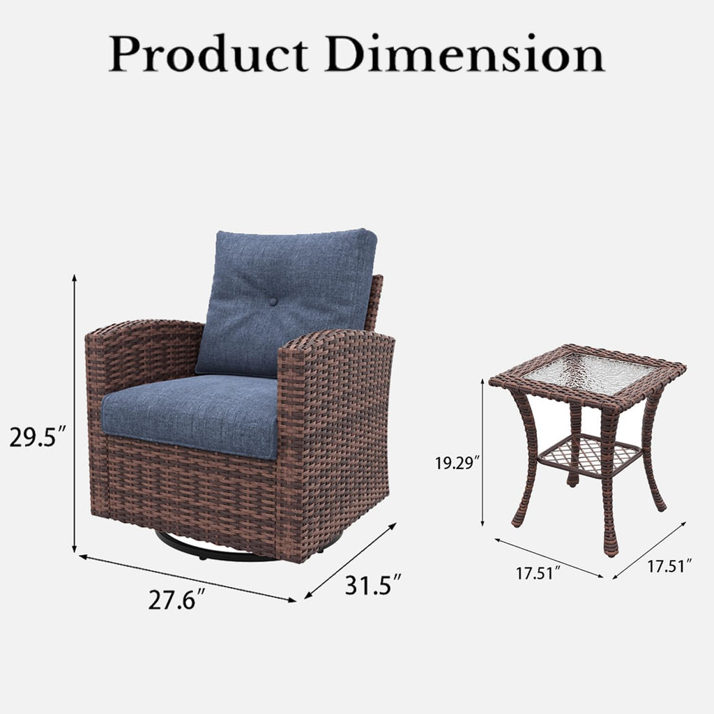 LayinSun 3 Pieces Outdoor Swivel Rocker Chair Set of 2 and Side Table, 360 Degree Rattan Wicker Swivel Chairs Patio Bistro Set for Porch