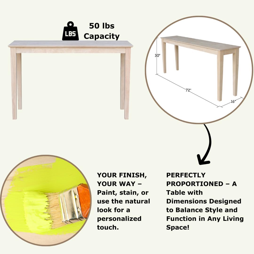 International Concepts Shaker Console Table, 48-Inch Long, Solid Parawood, Unfinished