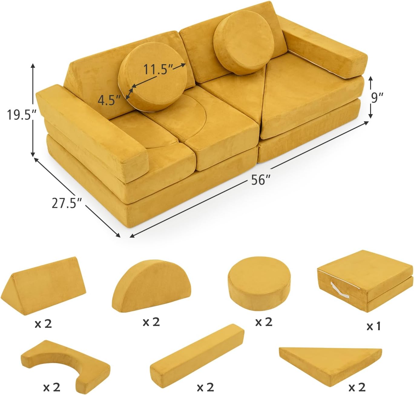 Costzon 14 PCS Modular Kids Play Couch, Child Sectional Sofa, Versatile Toddler Soft Building Blocks Sofa Playset for Playroom Bedroom, Convertible Foam and Floor Cushion for Boys Girls Gifts (Yellow)