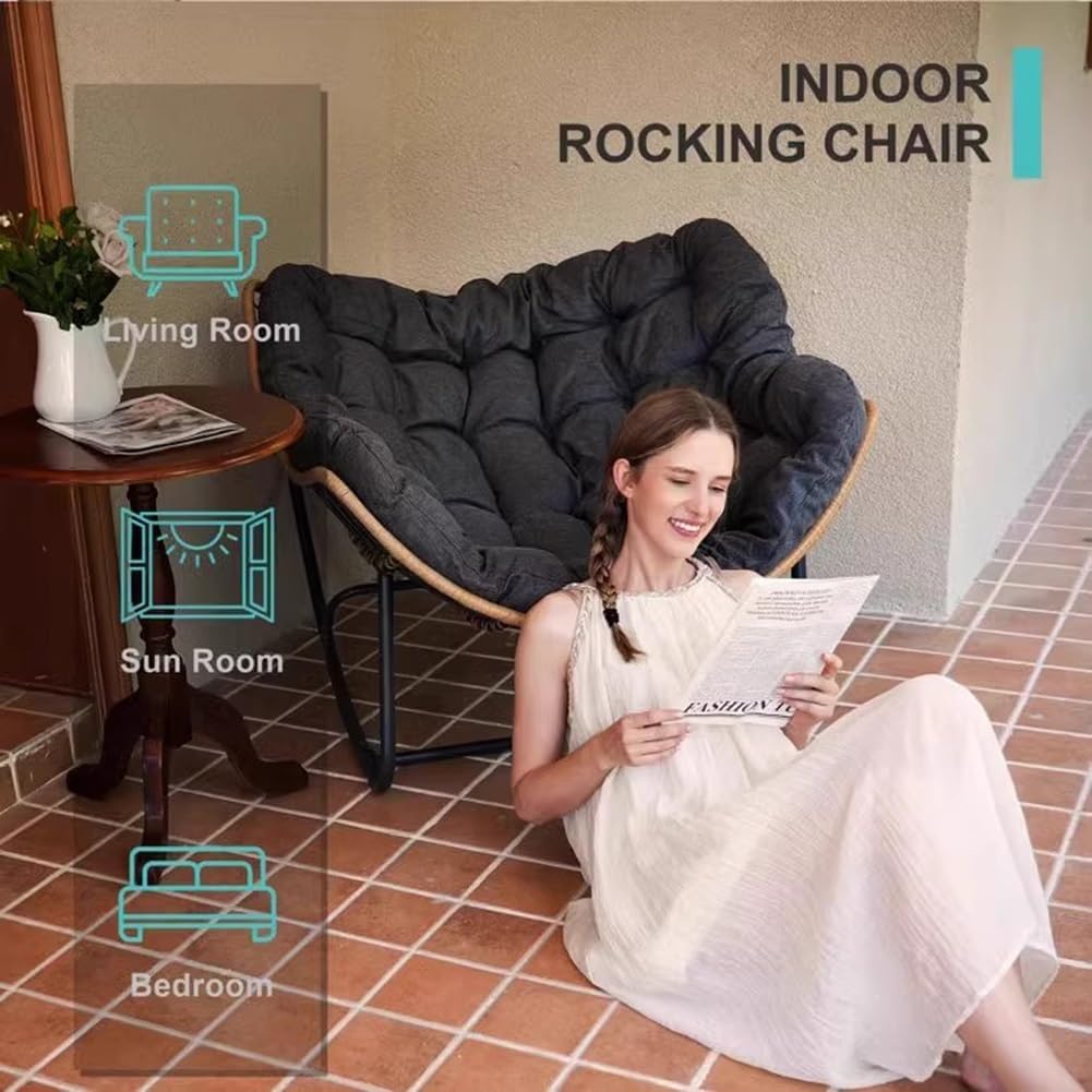 Etlegor Outdoor Patio Rocking Chair, Indoor Reading Chair with Cushion Rattan Wicker Lounge Chair for Living Room Front Porch Garden Balcony Lawn(Dark Grey)