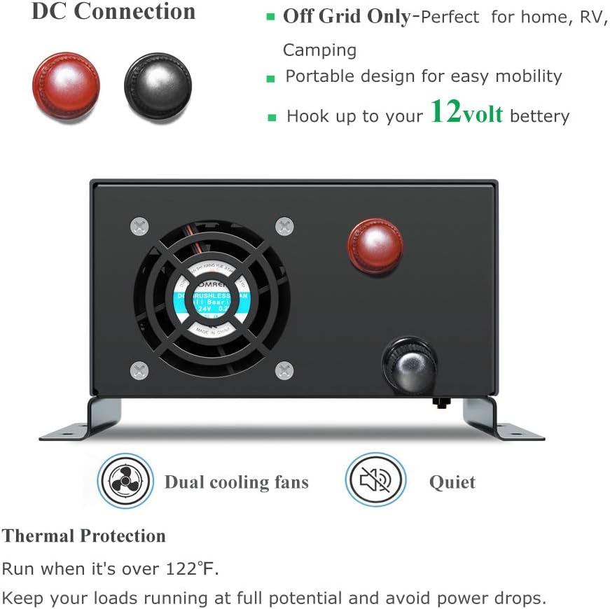 WZRELB 600W 12V 120V Pure Sine Wave Power Inverter with 2 AC Outlets Wired Remote Control