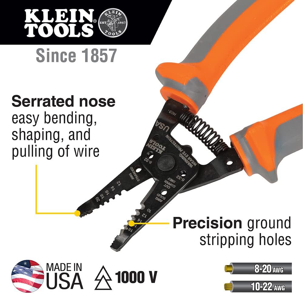 Klein Tools 9421R 1000V Insulated Plier Tool Set, Made in USA, with 3 Pairs of Pliers, Cable Cutter, Wire Stripper, and 2 Screwdrivers, 7-Piece