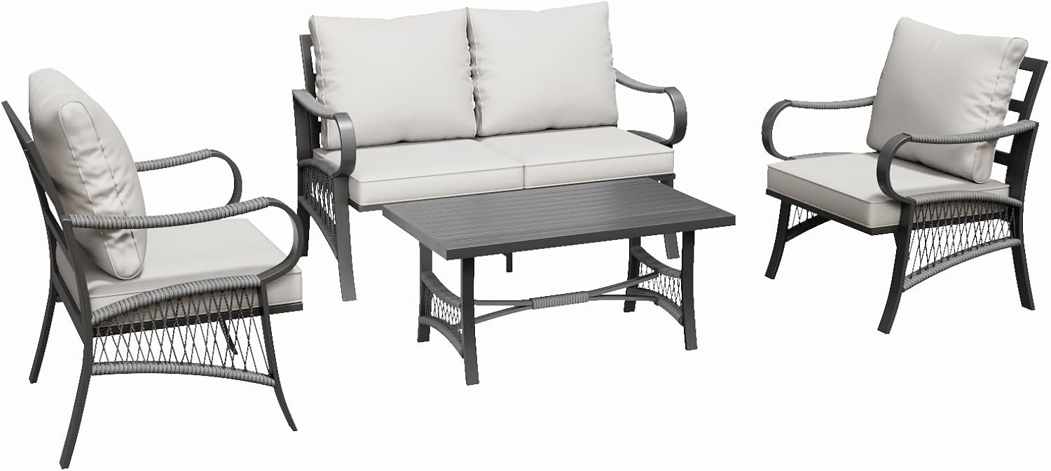 4 Piece Patio Furniture Set, All Weather Outdoor Sectional Sofa Conversation Set with Thick Cushions and Metal Coffee Table for Garden, Porch, Lawn, Beige