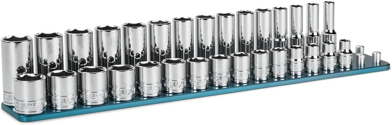Capri Tools 3/8 in. Drive Master Chrome Socket Set, 6-Point, 8 to 22 mm, Shallow and Deep with Billet Aluminum Rail