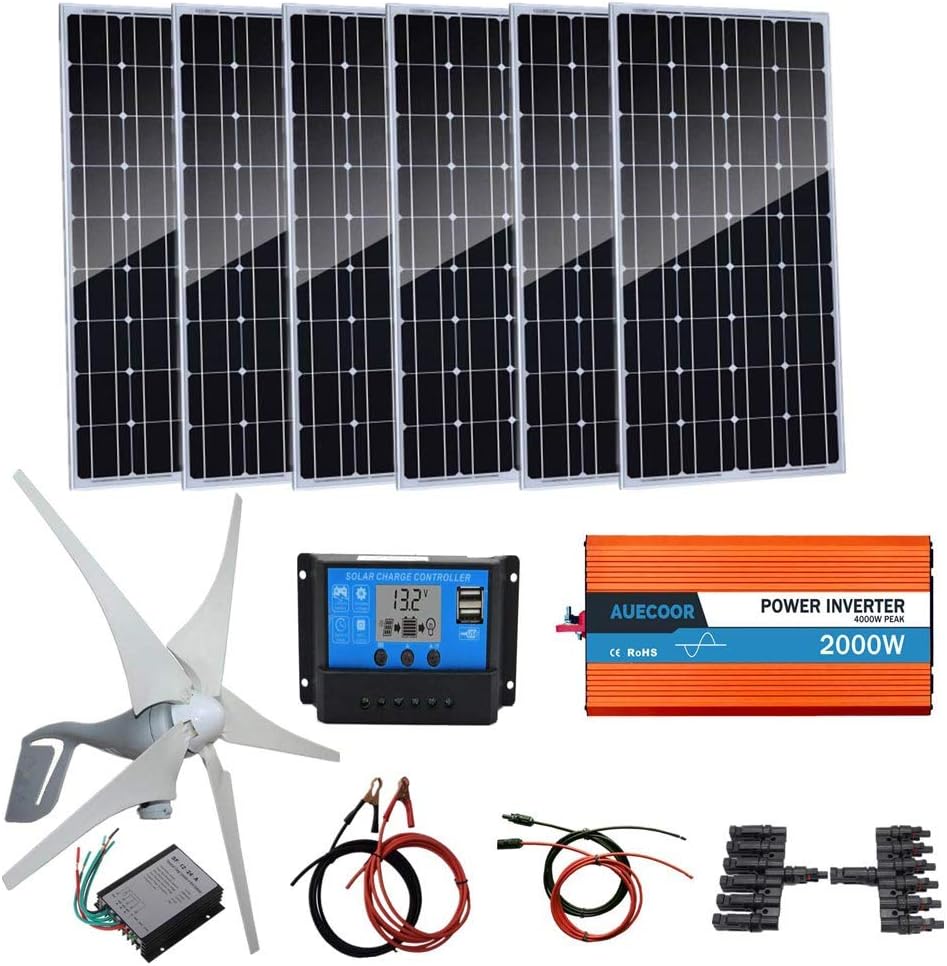 1000 Watts Wind Solar Powered System(Hybrid System Kit): 400W Wind Turbine Generator + 6pcs 100W Monocrystalline Solar Panel + 2000W Pure Since Wave Inverter(Peak 4000W)+Accessories