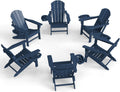 FOOWIN Folding Adirondack Chair Set of 6, HDPE Adirondack Chairs with Cup Holder, Weather Resistant Plastic Fire Pit Chairs for Outdoor, Patio, Lawn, Garden, Backyard, Deck, Dark Blue