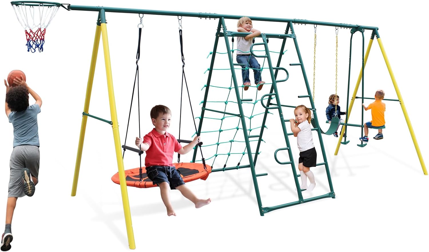 Metal Swing Sets for Kids Backyard, 6-in-1 Heavy Duty Metal Swingset with Climbing Frame, Net, Glider, Hammock Swing, Belt Swing & Basketball Rim, 700LB A-Frame Outdoor Playground for Ages 3-12