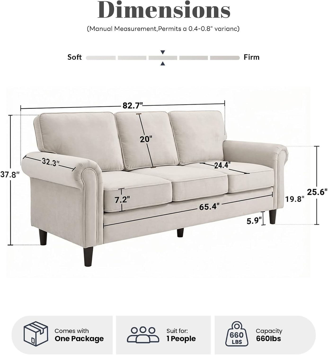 Kingfun 3 Seater Couch, Mid Century Modern Sofa with Rolled Arms and Deep Seats, Fluffy Comfort for Living Room, Apartment, Easy Assembly, Beige