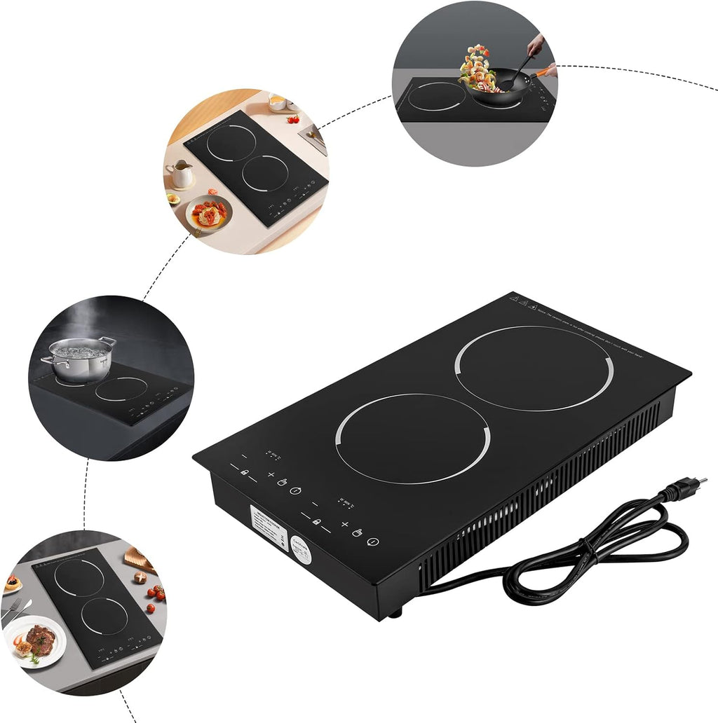NIENIEE Electric Cooktop 2 Burner, Portable Induction Cooktop with Independent Burner Control, 1200W+1100W Dual Cooking Zones, 9 Temperature Settings, 110V for Kitchen, Dorm, RV (Fits 10.24' Pots)