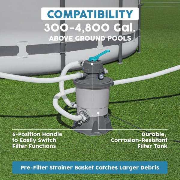 Bestway 950 Gallon Sand Filter Pool Pump for 300 to 4,800 Gallon Above Ground Outdoor Swimming Pools with Pre-Filter Strainer for Clean Water