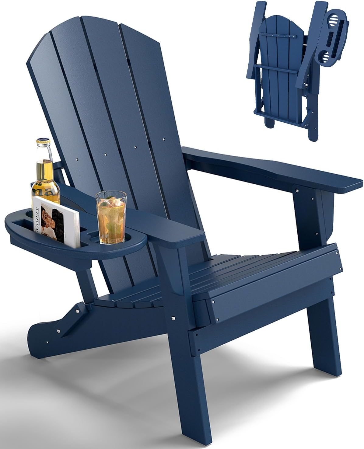 FOOWIN Folding Adirondack Chair, HDPE Adirondack Chairs with Cup Holder, Weather Resistant Plastic Fire Pit Chairs for Outdoor, Patio, Lawn, Garden, Backyard, Deck, Dark Blue