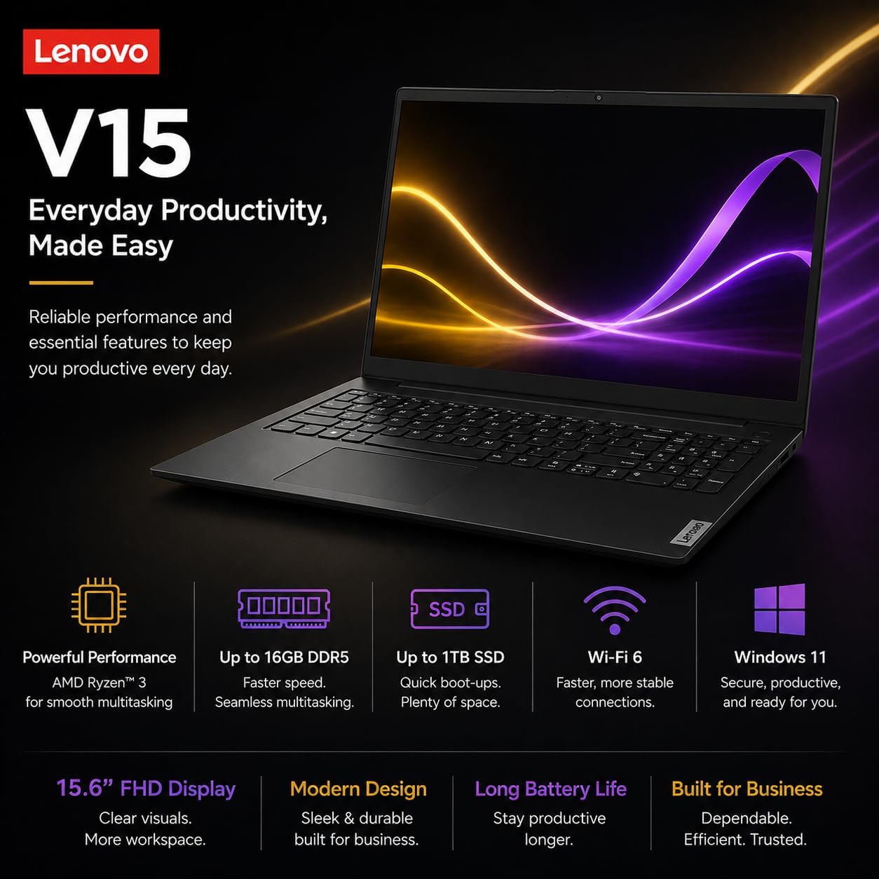 Lenovo V15 2026 Student & Business Laptop, AMD Ryzen 3 7320U (Beats i7-1160G7), 15.6' FHD IPS Display, 16GB RAM, 256GB SSD, Ethernet Port RJ-45, Windows 11 Pro, Business Black