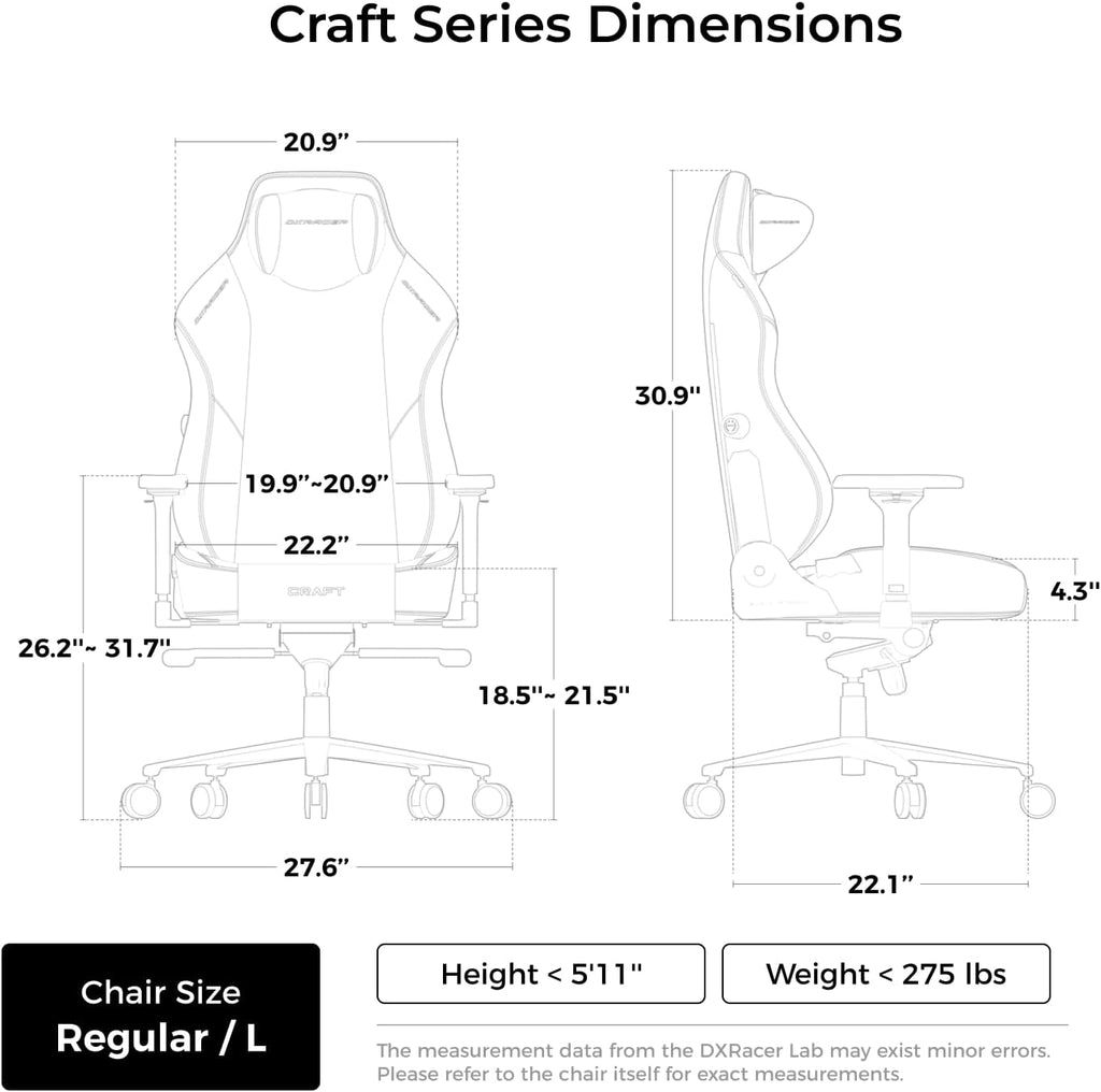 DXRacer Craft L Video Gaming Chair for Adults, Ergonomic Office Reclining Computer Chair with Magnetic Head Pillow and Lumbar Support, Racing Style Height Adjustable (Woven Fabric, Black)