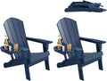 FOOWIN Folding Adirondack Chair Set of 2, HDPE Adirondack Chairs with Cup Holder, Weather Resistant Plastic Fire Pit Chairs for Outdoor, Patio, Lawn, Garden, Backyard, Deck, Dark Blue