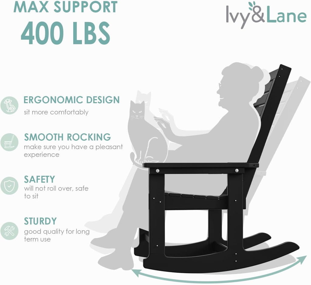 IVY&LANE Outdoor Rocking Chairs Set of 2 | HDPE Plastic | Porch-Rockers | All-Weather | Black | High Back | Wide Seat | Oversized Patio Rocker for Adult | for Outside Deck Balcony Garden
