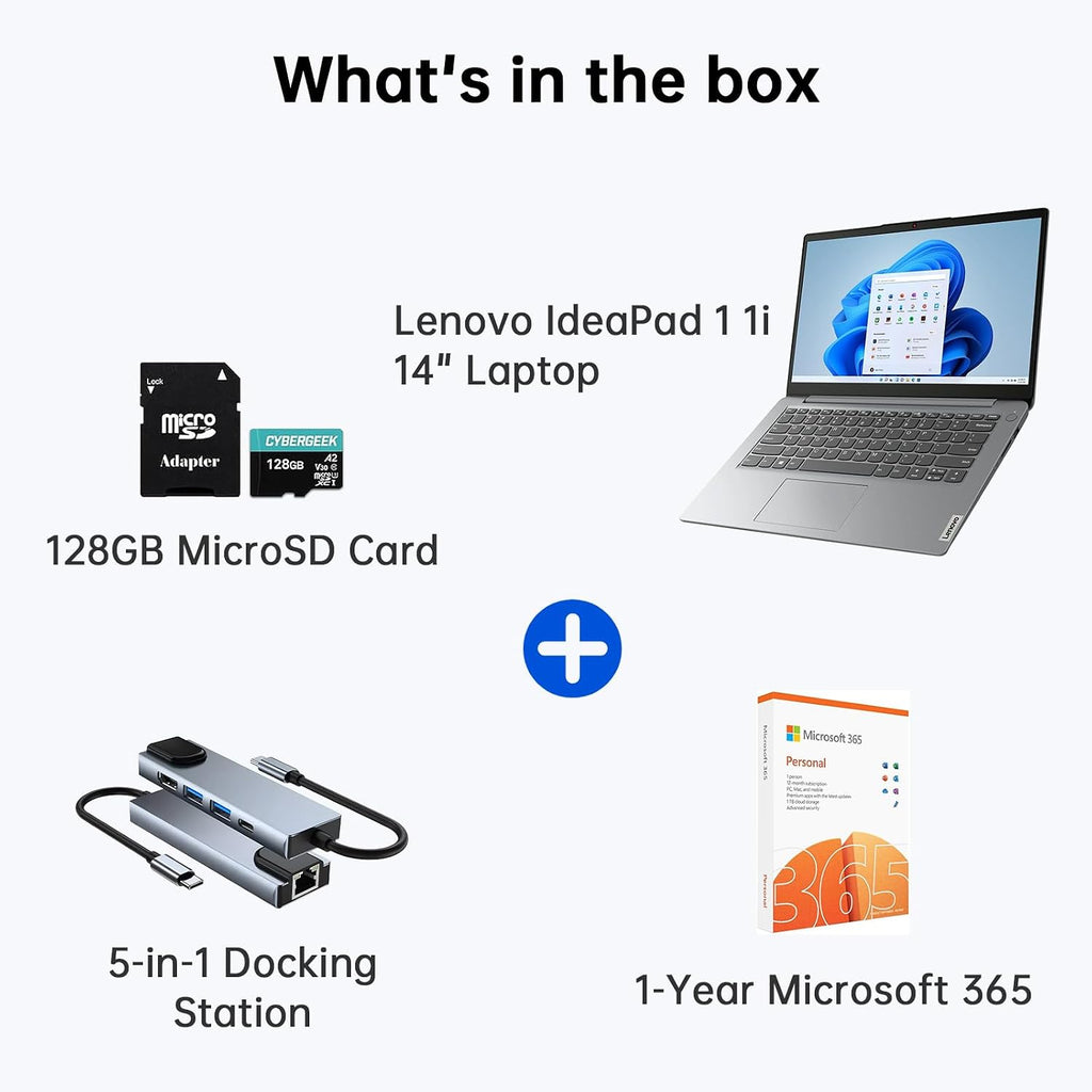 Lenovo IdeaPad 1 1i 14' Laptop with 1-Year Microsoft 365, Intel Processor, 4GB RAM, 128GB eMMC + 128GB SSD, SD Card Reader, Privacy Camera, Long Battery Life, with Accessories, Win 11 Pro