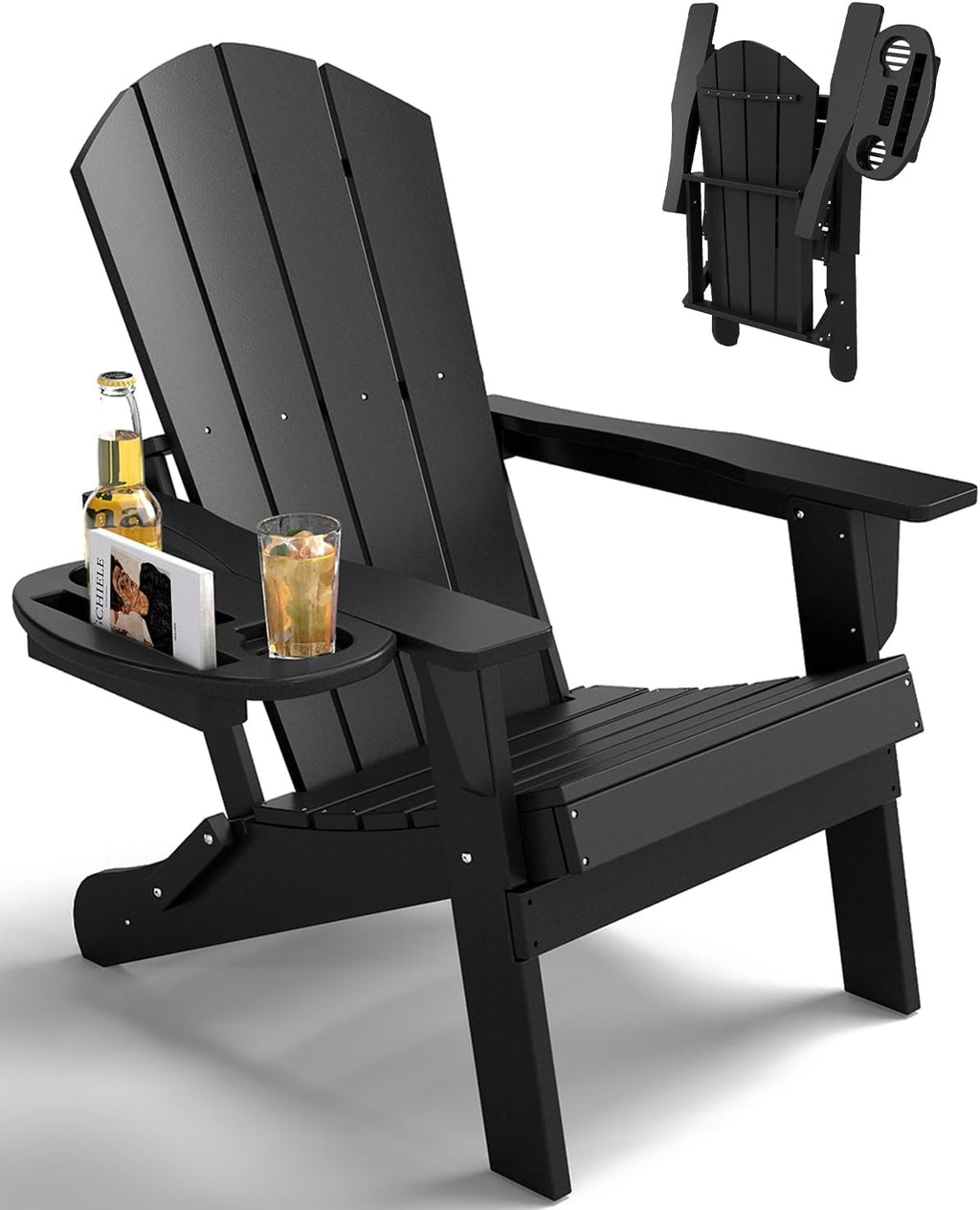 FOOWIN Folding Adirondack Chair, HDPE Adirondack Chairs with Cup Holder, Weather Resistant Plastic Fire Pit Chairs for Outdoor, Patio, Lawn, Garden, Backyard, Deck, Black