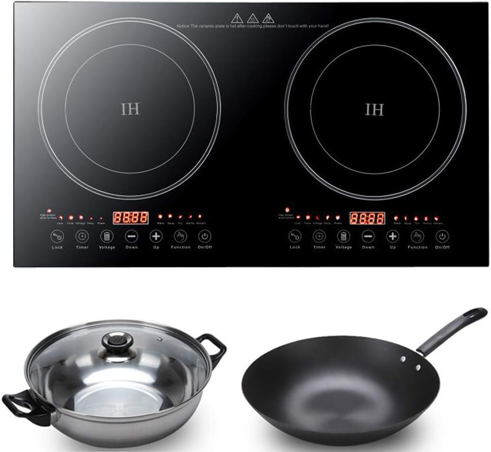 Electric Induction Dual Cooktop, Digital Kitchen Countertop Hot Plate Burners with Adjustable Temperature Black Crystal Panel 2200W