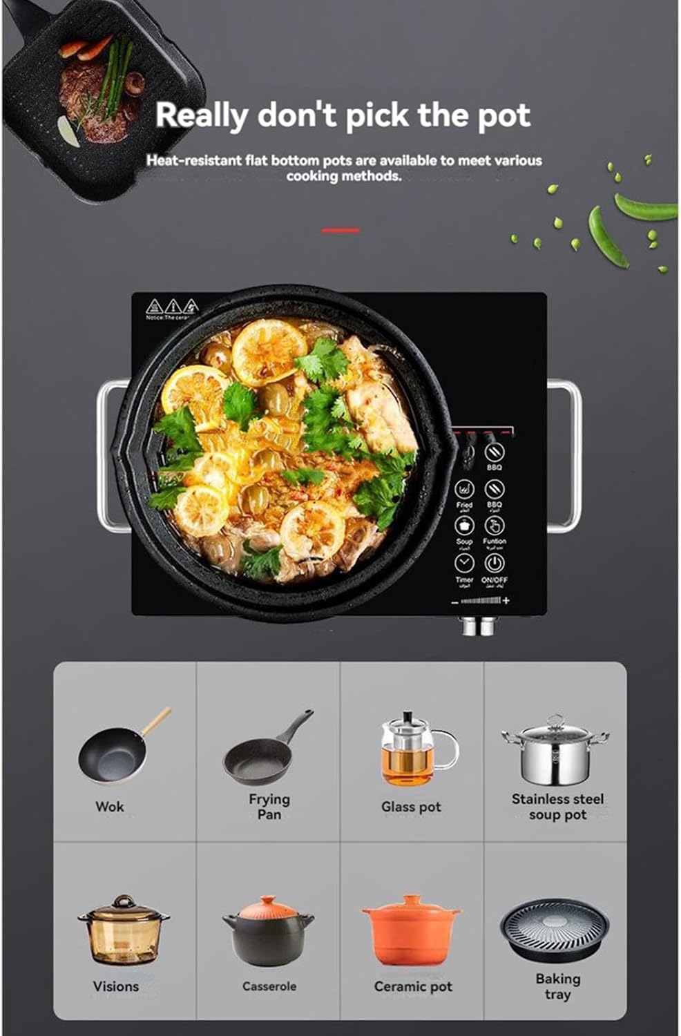 2200W Convenient High Power Electromagnetic Portable Induction Cooktop 5 Temperature Levels 3 Hour Timer Countertop Burner