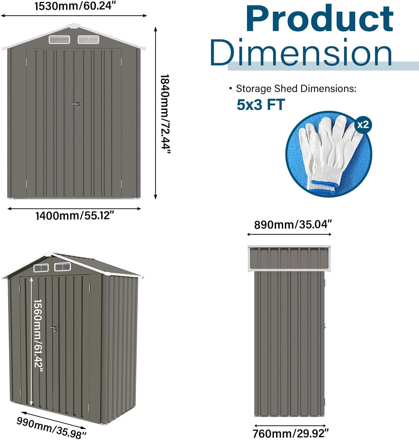 Outdoor Storage Shed 5 x 3 FT Metal Tool Shed with Peaked Roof, Compact Metal Garden Shed Anti-Corrosion Storage House with Lockable Door for Backyard, Patio, Sundries, Gray (Peaked roof)