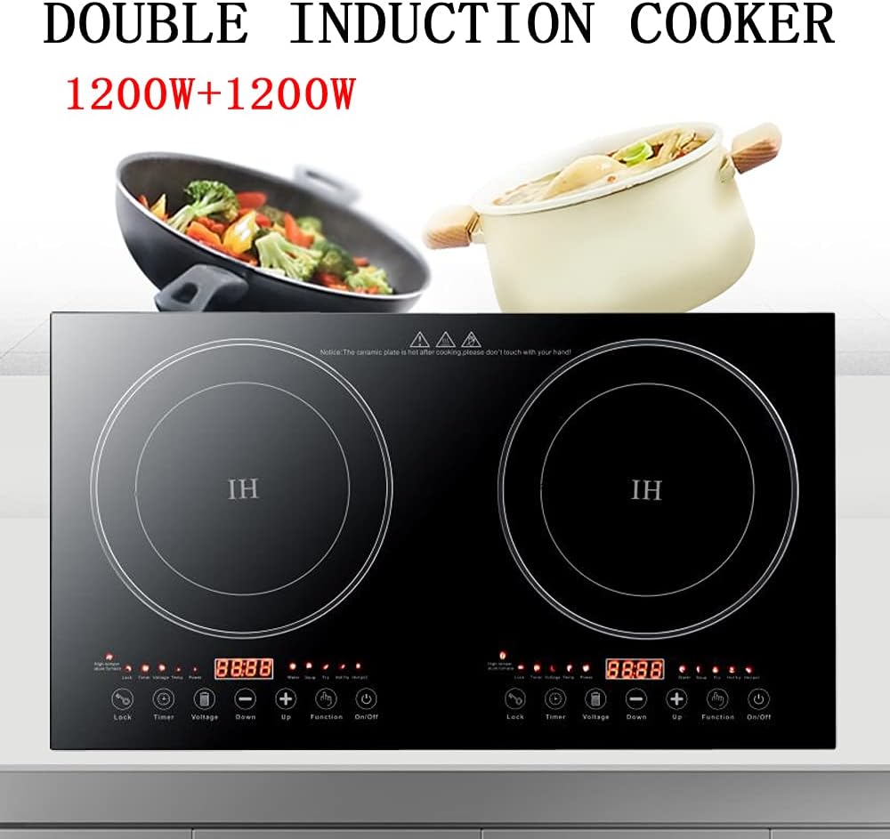 Electric Double Induction Cooktop, 1200W+1200W Countertop Burner Hot Plate, LCD Sensor Touch Screen Energy-Saving, 110V Portable Induction Cooktops 2 Burner with Timer