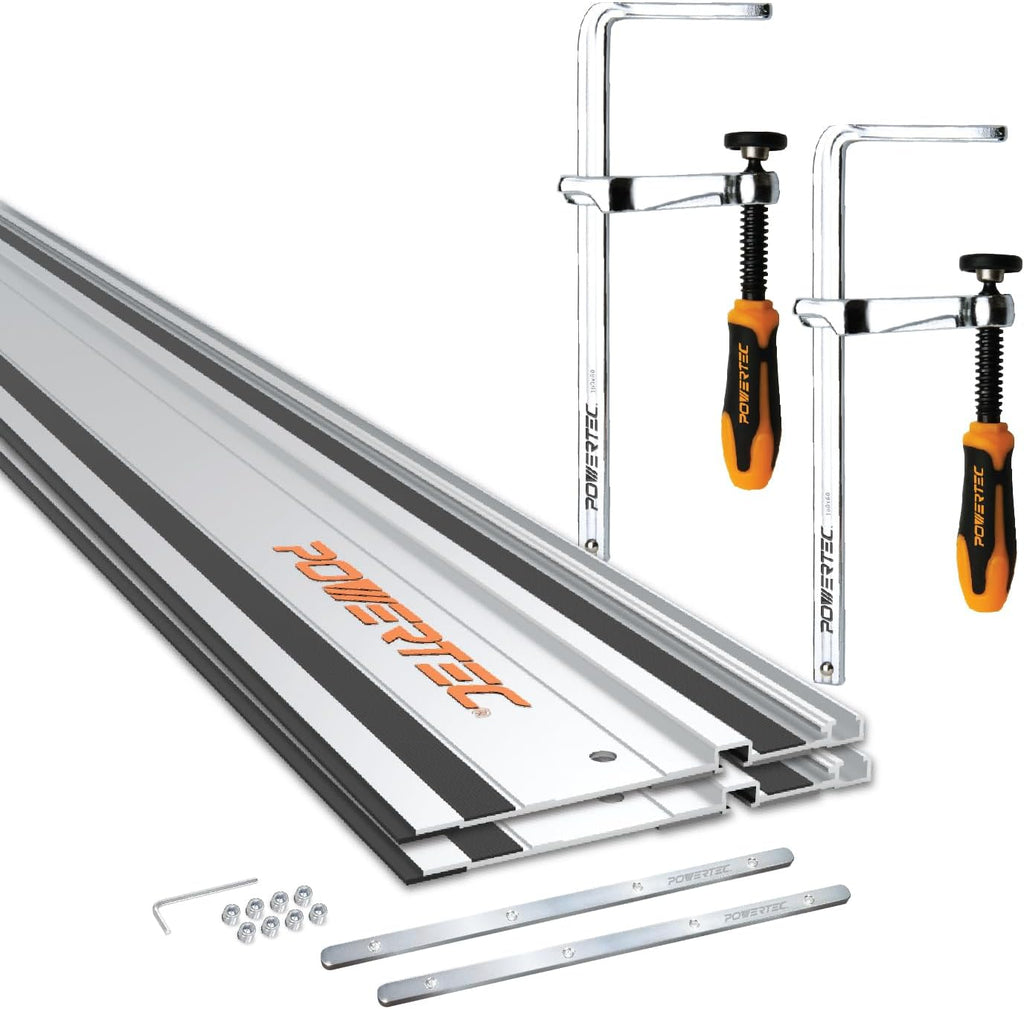 POWERTEC 110' Track Saw Guide Rail Kit for Makita and Festool, Includes 2PK 55' Guide Rails, 2PK Guide Rail Connectors, and 2PK 7' Track Saw Clamps (72057)