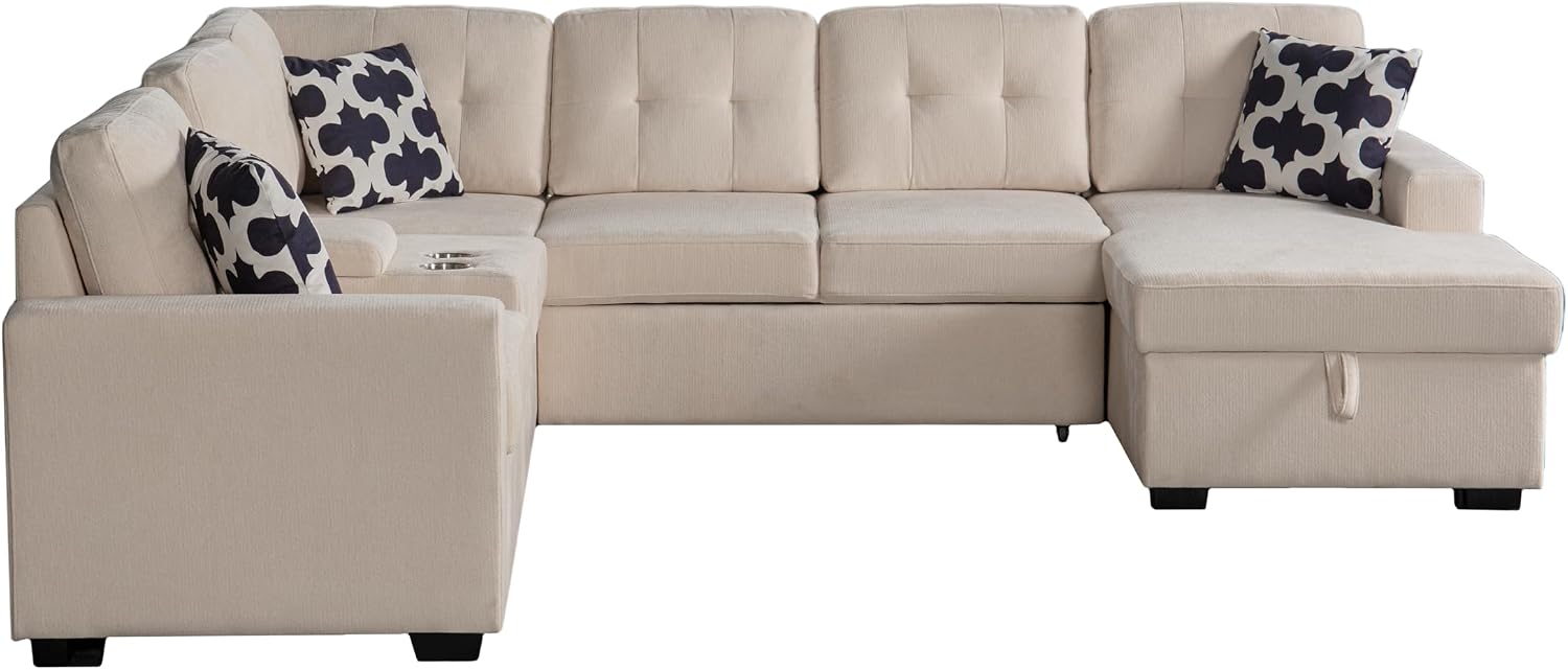 Ball & Cast L-Shape Convertible Sectional Sleeper Sofa Bed 2 in 1 Pull Out Couch with Storage Chaise & Cup Holders,6 Seat Chenille Upholstered Reversible Sleeper Corner Couch for Living Room,Beige