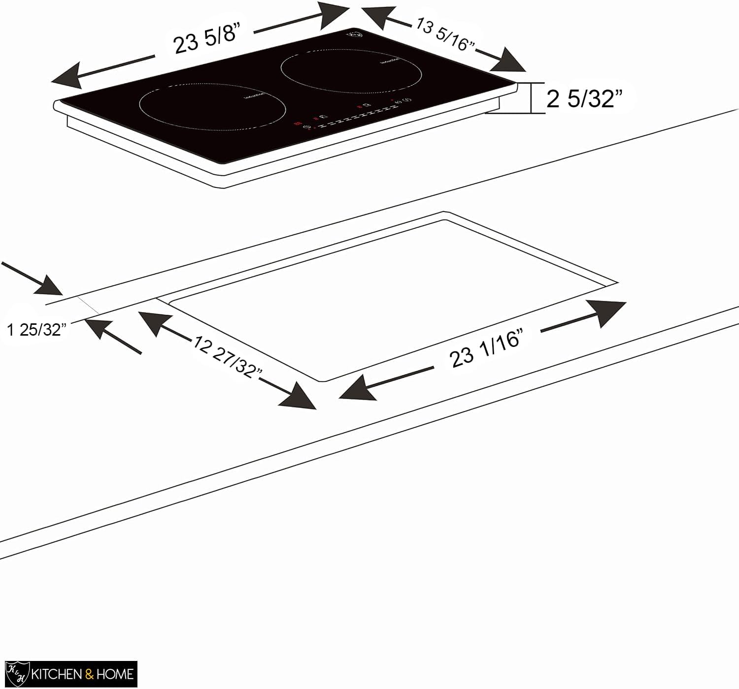 K&H 2 Burner Dual Double 24 Inch Built-in Induction Electric Stove Top Ceramic Cooktop 120V 1800W INDH-1802-120Hx