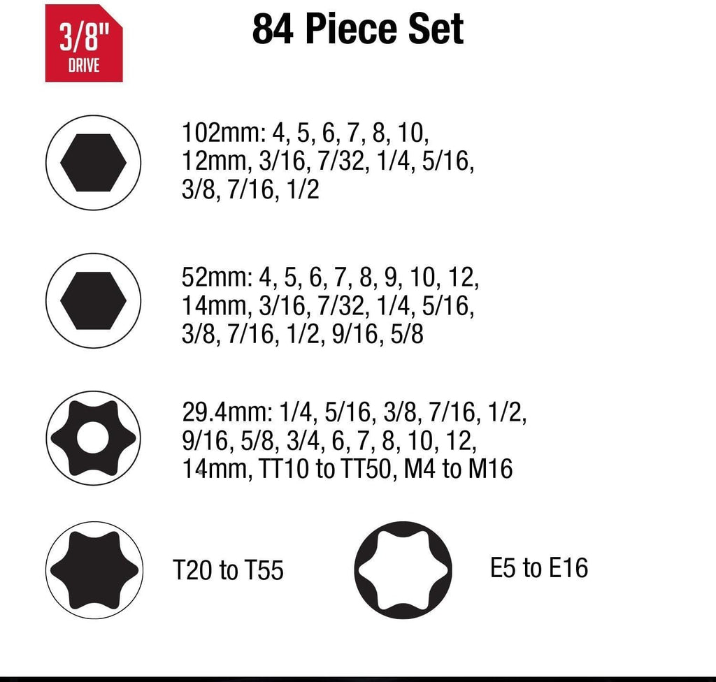 Sunex 3569 3/8' Dr. Master Hex Bit Impact Socket Set (84 Piece)