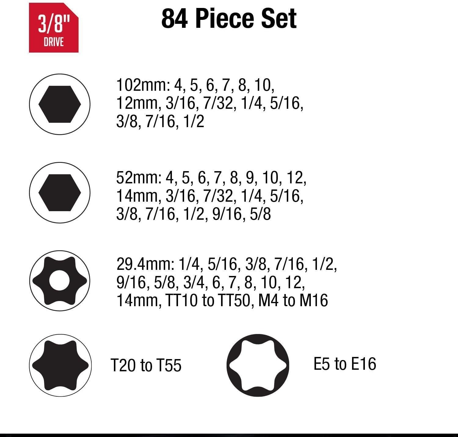 Sunex 3569 3/8' Dr. Master Hex Bit Impact Socket Set (84 Piece)