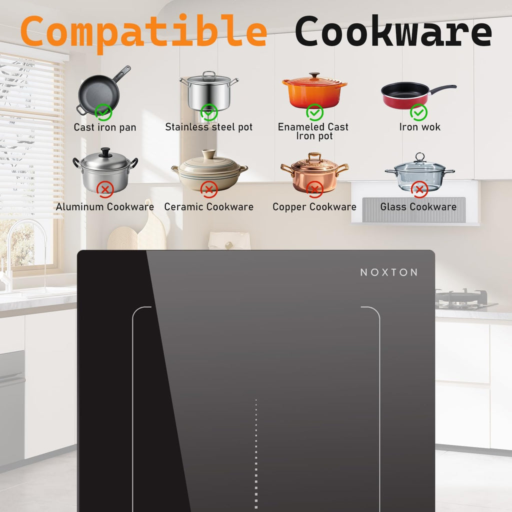 Noxton Double Induction Cooktop, 2 Burners Electric Cooktop, Upgraded Induction Stovetop with Flex Zone, Power Boost, 9 Power Levels, 3500W, Child Safety Lock, Timer, 220-240V Hard wire, 12 Inch