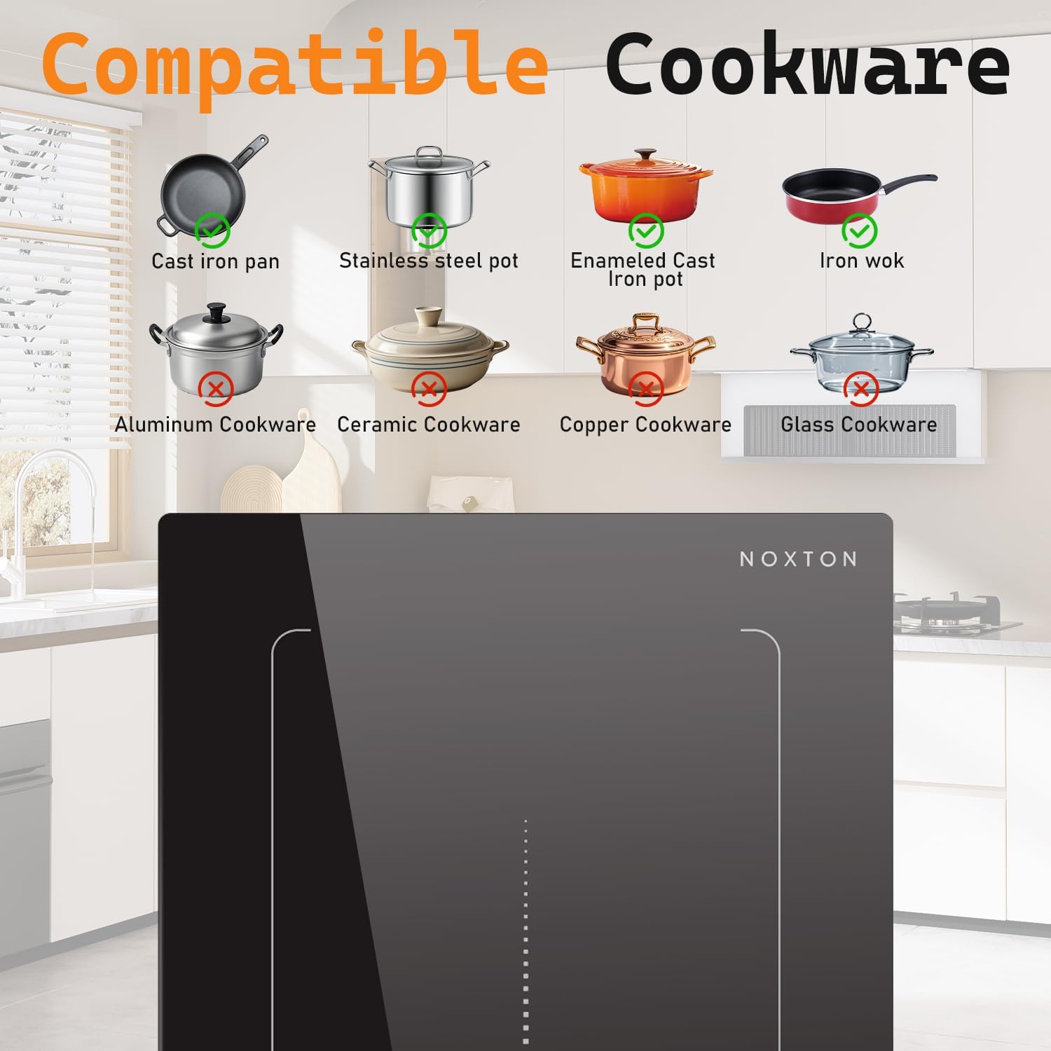 Noxton Double Induction Cooktop, 2 Burners Electric Cooktop, Upgraded Induction Stovetop with Flex Zone, Power Boost, 9 Power Levels, 3500W, Child Safety Lock, Timer, 220-240V Hard wire, 12 Inch
