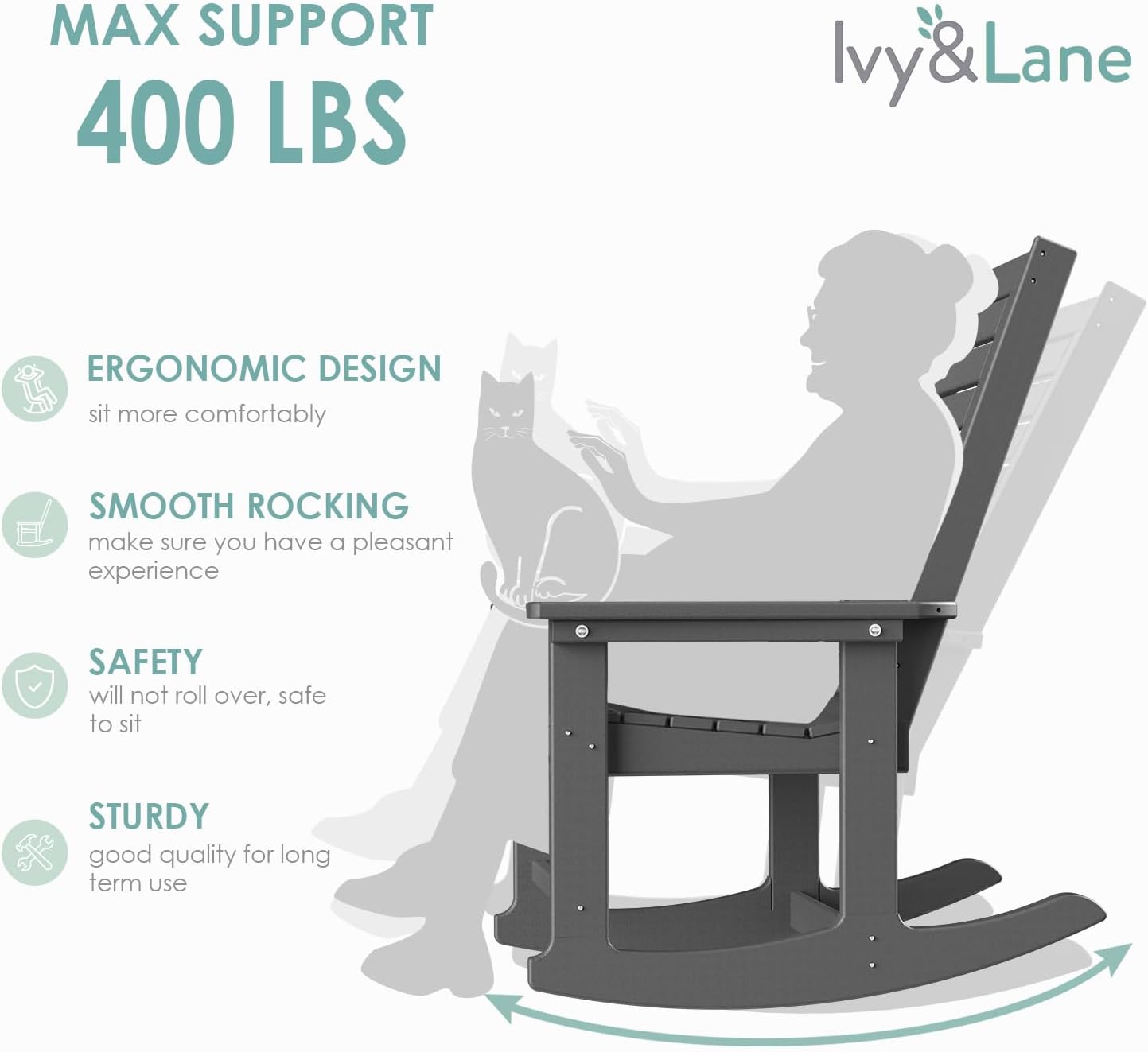 IVY&LANE Rocking-Chair-Outdoor | Porch-Rocker | Grey | HDPE Plastic | All-Weather | High Back | Wide Seat | Oversized Patio Rocker for Adult | for Outside Deck Balcony Garden