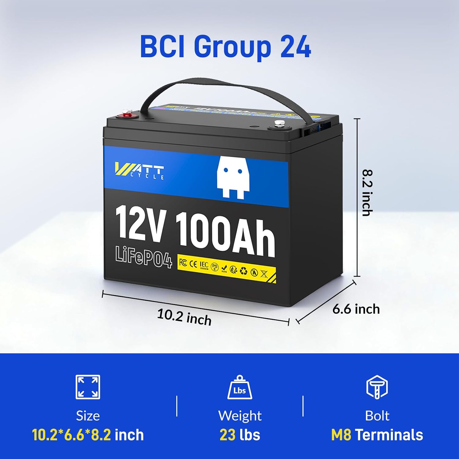 WattCycle 12V 100Ah LiFePO4 Lithium Battery 4 Packs - Built-in 100A BMS, BCI Group 24, Low-Temperature Protection, 15000 Cycles - Ideal for RVs, Golf Cart, Home Energy Storage, Marine, Solar, Off-Grid