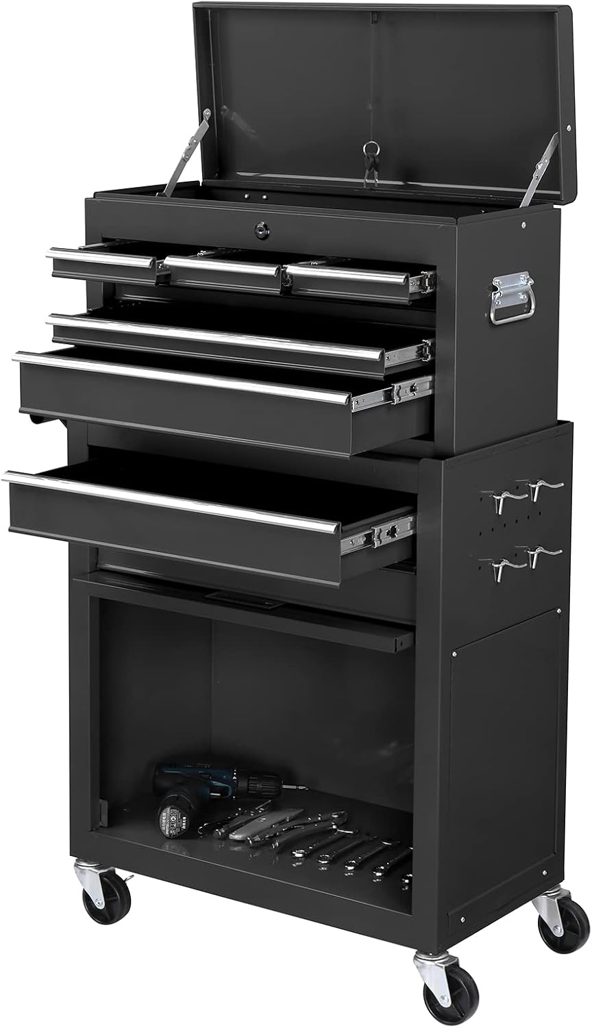 TUFFIOM 8-Drawer Rolling Tool Chest, Tool Storage Cabinet w/Lockable Wheels, Detachable Top, Drawers & Side Hooks, Mechanic Tool Organizer Box for Garage Warehouse Repair Shop